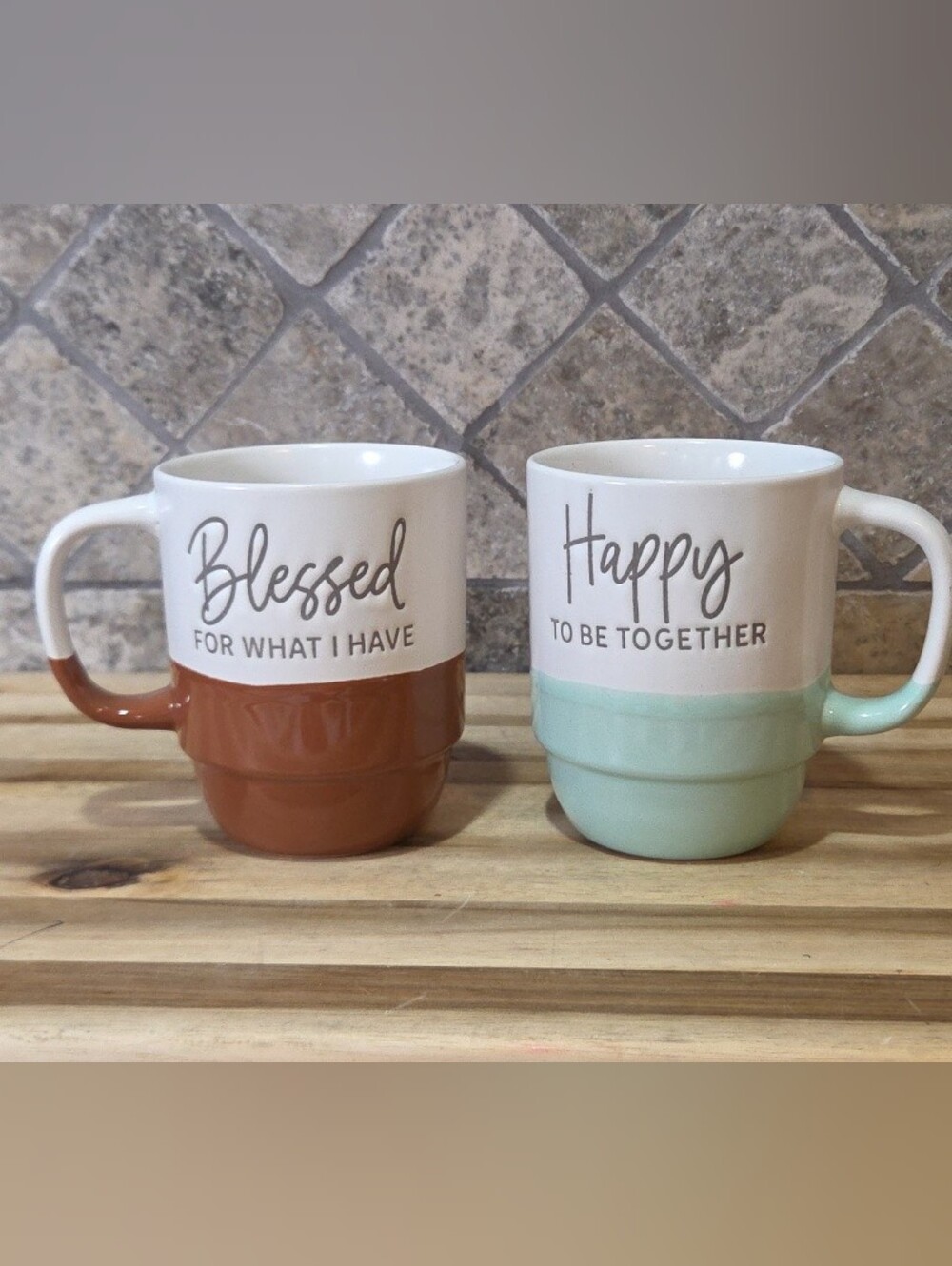 2 Ceramic Mugs Happy Together & Blessed 14 Oz 4.25" Tall Microwave Dishwasher